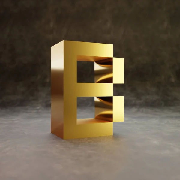 Pixel letter B uppercase. Golden glossy font on dark leather background. — 스톡 사진