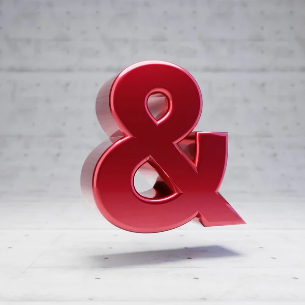 Simbolo rosso ampersand. Carattere di colore rosso metallizzato isolato su sfondo concreto . — Foto Stock
