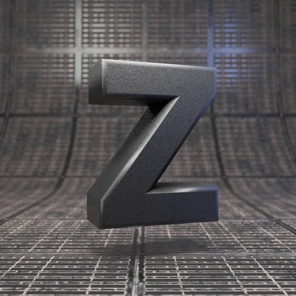 Black letter Z uppercase. DLSR camera body plastic texture alphabet on metal floor.