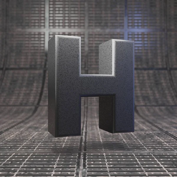 Black letter H uppercase. DLSR camera body plastic texture alphabet on metal floor.