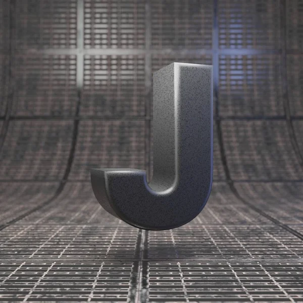 Black letter J uppercase. DLSR camera body plastic texture alphabet on metal floor.