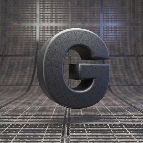 Zwarte letter G hoofdletters. Dlsr camera body plastic textuur alfabet op metalen vloer. — Stockfoto