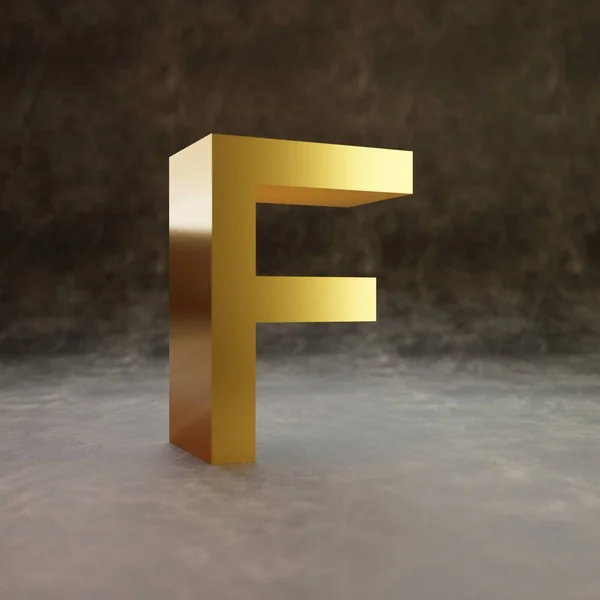 Pixel letter F uppercase. Golden glossy font on dark leather background. — Stok fotoğraf