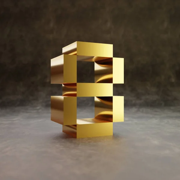 Pixelzahl 8. Goldene Hochglanzziffer auf dunklem Lederhintergrund. — Stockfoto