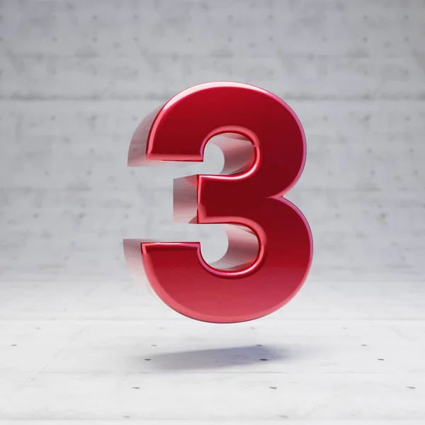 Red number 3. Metallic red color digit isolated on concrete background. — Stock Photo, Image