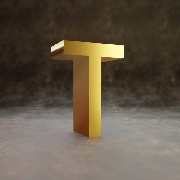 Pixel letter T uppercase. Golden glossy font on dark leather background. — Stockfoto