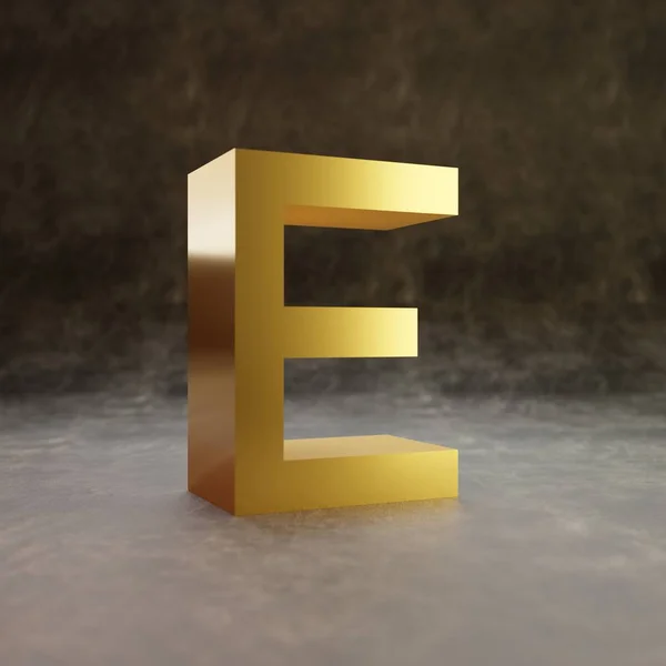 Pixel letter E uppercase. Golden glossy font on dark leather background. — ストック写真