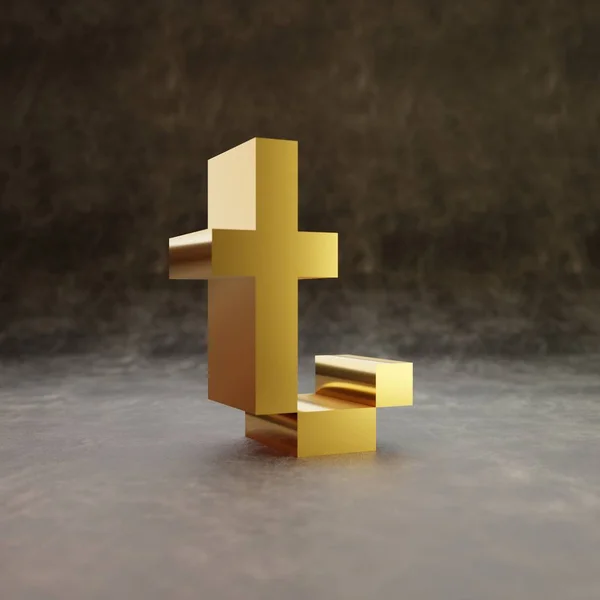 Pixel lettre T minuscule. Fonte dorée brillante sur fond cuir foncé . — Photo