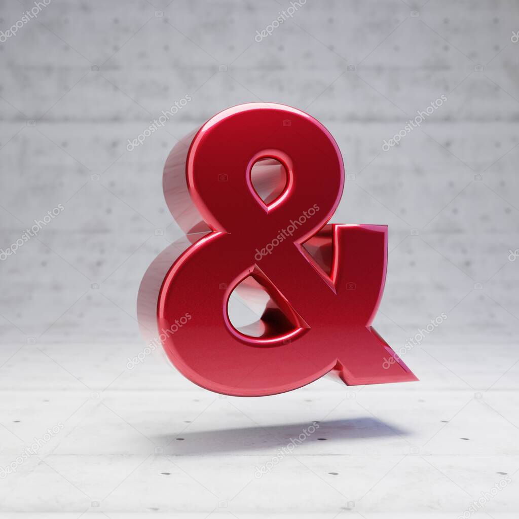 Red ampersand symbol. Metallic red color character isolated on concrete background.
