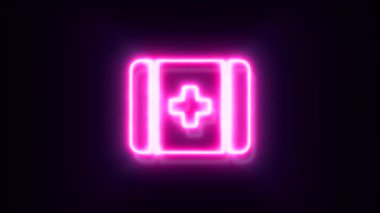 Siyah arkaplanda pembe neon ilk yardım seti sembolü.
