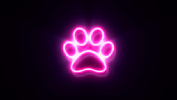 Animated Pink Neon Animal Track Symbol Black Background — Stock Video