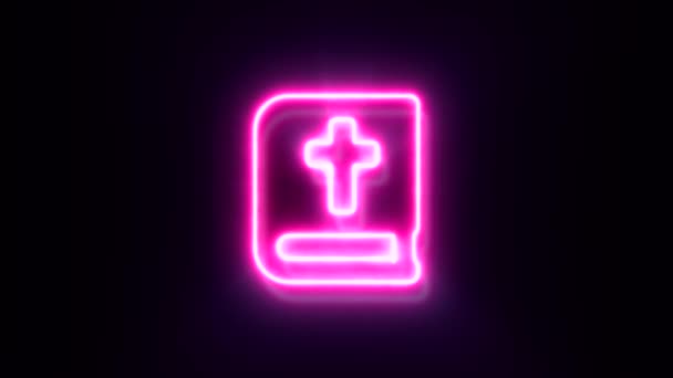 Animierte Rosa Neon Heilige Bibel Symbol Auf Schwarzem Hintergrund — Stockvideo