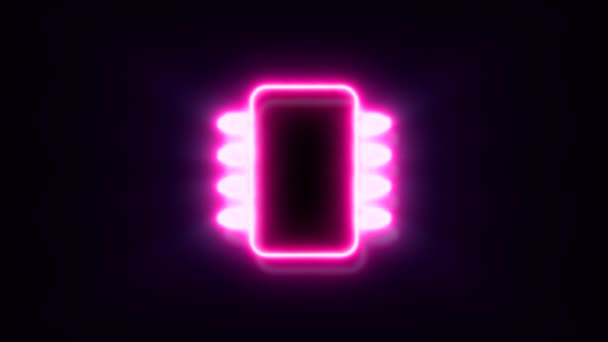 Animerad Rosa Neon Chip Symbol Svart Bakgrund — Stockvideo