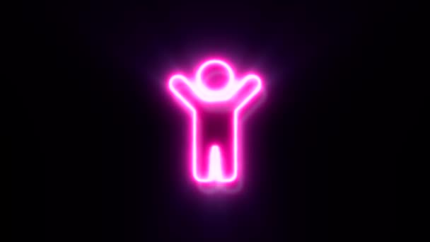 Animated Pink Neon Person Rising Hands Symbol Black Background — Stock Video