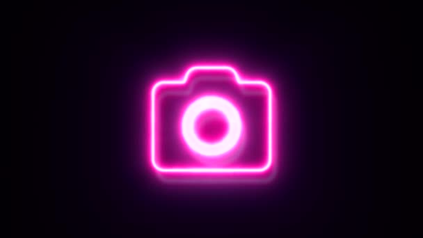 Geanimeerde Roze Neon Camera Symbool Zwarte Achtergrond — Stockvideo