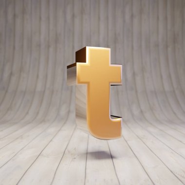 Ahşap zeminde altın harfli T küçük çanta. 3D gösterişli altın alfabe karakteri.