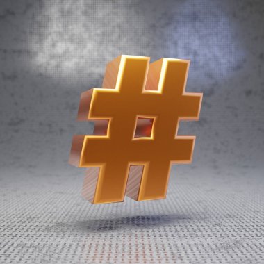 Metal desenli arka planda altın hashtag sembolü. 3D parlak metalik bir karakter. Poster, pankart, reklam, dekorasyon için en iyisi..