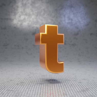 Metal desenli arka planda altın harfli T küçük harfi. 3D parlatılmış metalik yazı tipi. Poster, pankart, reklam, dekorasyon için en iyisi..