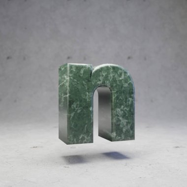 Yeşil mermer N harfi beton arka planda küçük harf. 3d biçimlendirilmiş parlak taş yazı tipi karakteri.