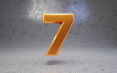 Golden number 7 on metal textured background. 3D rendered glossy metallic digit. Best for poster, banner, advertisement, decoration. clipart