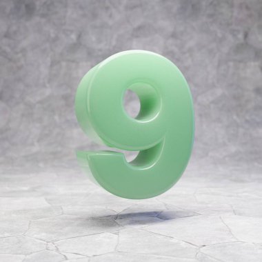 Jade number 9 on rocky backgrond. 3D rendered jade gemstone digit. Best for jewelry advertising, anniversary, celebration.