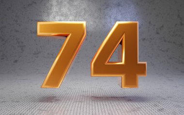 Metal desenli arka planda 74 numara. 3 boyutlu, parlak metalik rakam. Poster, pankart, reklam, dekorasyon için en iyisi..