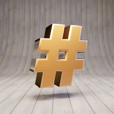 Ahşap zeminde altın hashtag sembolü. 3D gösterişli altın alfabe karakteri.