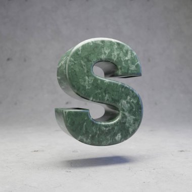 Yeşil mermer harf S büyük harf beton arka planda. 3d biçimlendirilmiş parlak taş yazı tipi karakteri.
