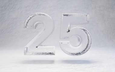 Buz numarası 25. Beyaz kar arka planında 3D alfabe oluşturuldu. Kış sporları afişleri, kokteyl barları, buz sergisi reklamları için en iyisi..