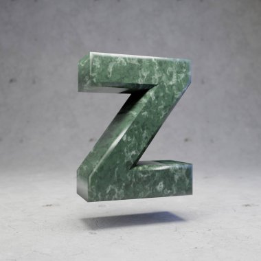 Beton arka planda büyük Z harfi yeşil mermer. 3d biçimlendirilmiş parlak taş yazı tipi karakteri.