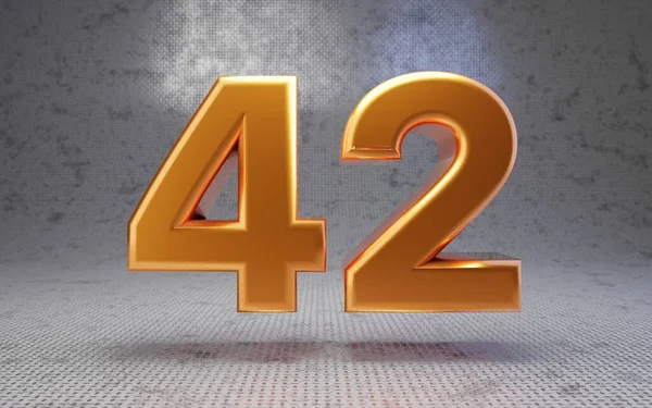 Golden number 42 on metal textured background. 3D rendered glossy metallic digit. Best for poster, banner, advertisement, decoration.