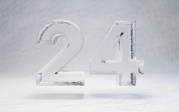 Ice number 24. 3D rendered alphabet on white snow background. Best for winter sports banners, cocktail bars, ice exhibition advertising.