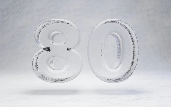 Ice number 80. 3D rendered alphabet on white snow background. Best for winter sports banners, cocktail bars, ice exhibition advertising.