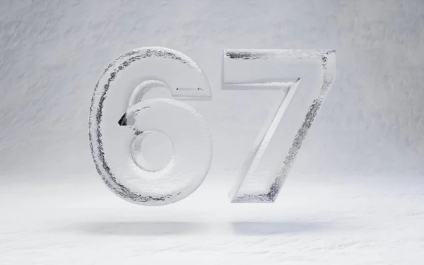 Ice number 67. 3D rendered alphabet on white snow background. Best for winter sports banners, cocktail bars, ice exhibition advertising.