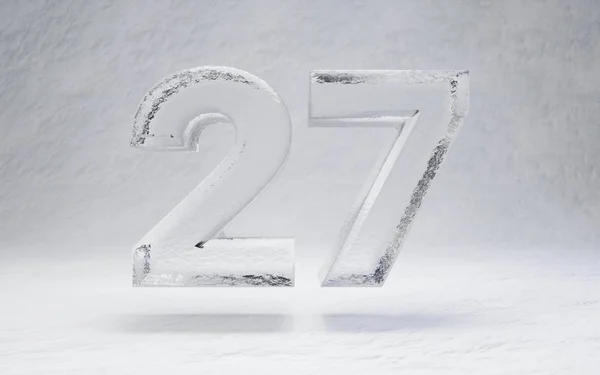 Ice number 27. 3D rendered alphabet on white snow background. Best for winter sports banners, cocktail bars, ice exhibition advertising.