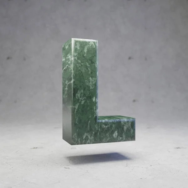 Green marble letter L uppercase on concrete background. 3d rendered glossy stone font character.