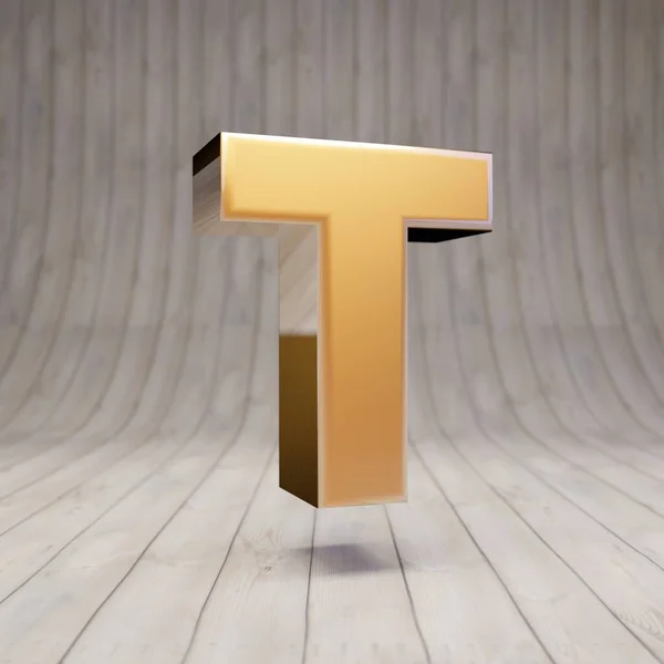 金字T大写字母放在木制地板上 3D渲染光滑的黄金字母表字符 — 图库照片