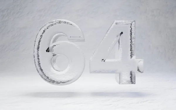 Ice number 64. 3D rendered alphabet on white snow background. Best for winter sports banners, cocktail bars, ice exhibition advertising.