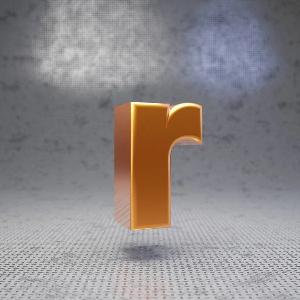 Golden letter R lowercase on metal textured background. 3D rendered glossy metallic font. Best for poster, banner, advertisement, decoration.