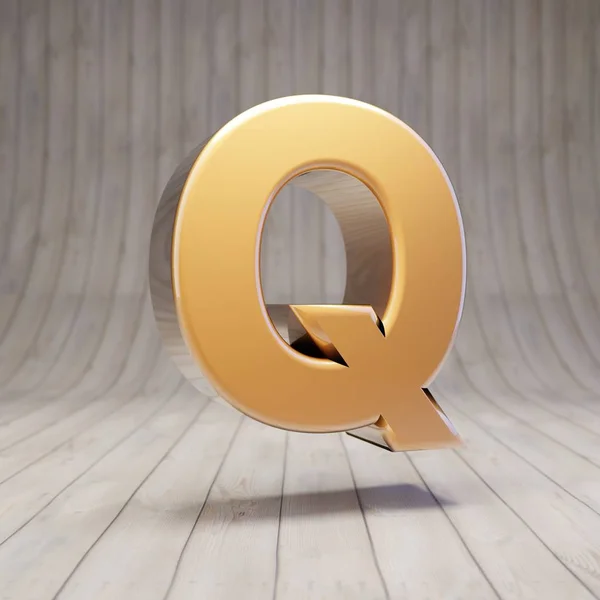 金字Q大写字母在木地板上 3D渲染光滑的黄金字母表字符 — 图库照片