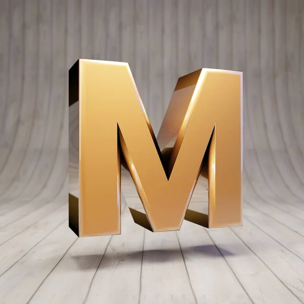 金字M大写字母在木地板上 3D渲染光滑的黄金字母表字符 — 图库照片