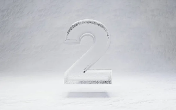 Ice number 2. 3D rendered alphabet on white snow background. Best for winter sports banners, cocktail bars, ice exhibition advertising.