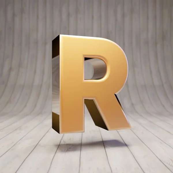 木製の床に黄金の文字R大文字 3Dレンダリング光沢のある金のアルファベット文字 — ストック写真