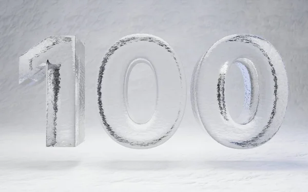 Ice number 100. 3D rendered alphabet on white snow background. Best for winter sports banners, cocktail bars, ice exhibition advertising.