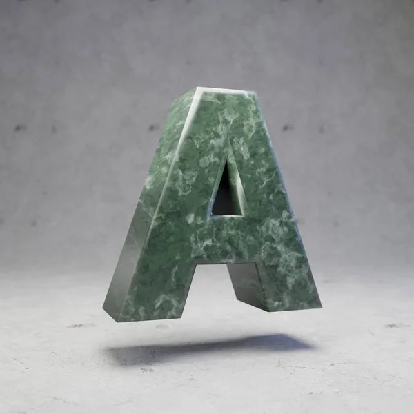 Green marble letter A uppercase on concrete background. 3d rendered glossy stone font character.