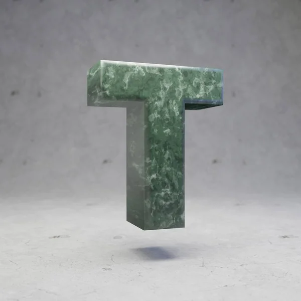 Green marble letter T uppercase on concrete background. 3d rendered glossy stone font character.