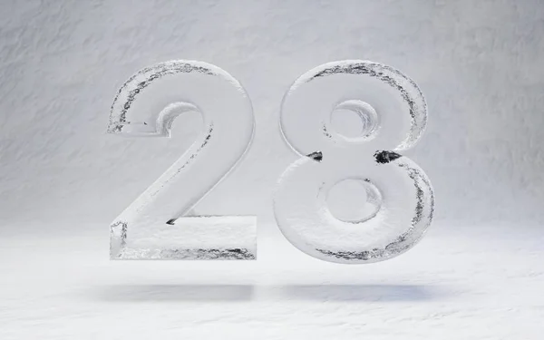 Ice number 28. 3D rendered alphabet on white snow background. Best for winter sports banners, cocktail bars, ice exhibition advertising.