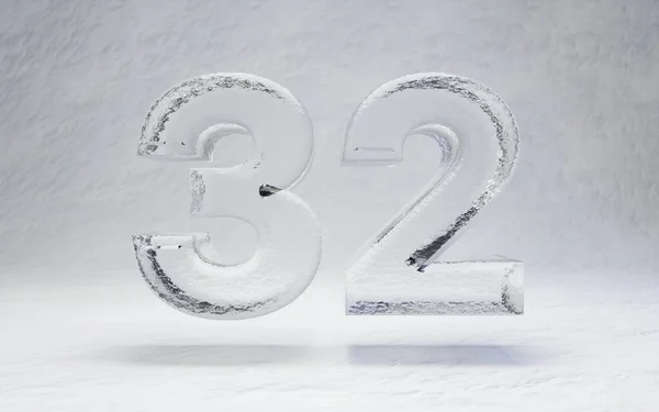Ice number 32. 3D rendered alphabet on white snow background. Best for winter sports banners, cocktail bars, ice exhibition advertising.