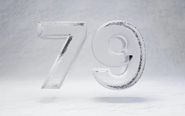 Ice number 79. 3D rendered alphabet on white snow background. Best for winter sports banners, cocktail bars, ice exhibition advertising.
