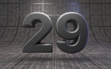 Black number 29. DLSR camera body plastic texture digit on metal floor. 3D rendered high technology font. clipart